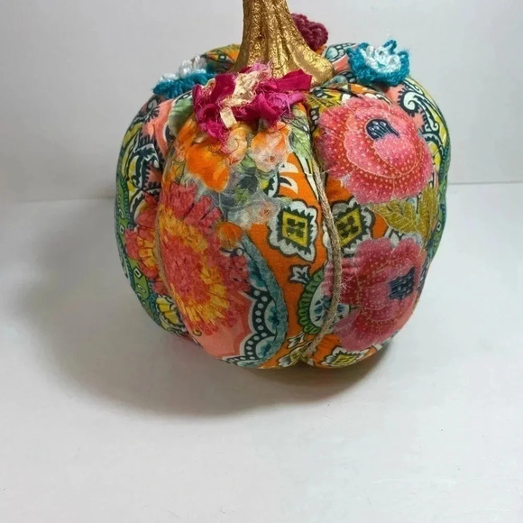 Mixed Fabric Pumpkin Gold Stem Bohemian Twine Flowers Orange Pink Teal 10 In. - Picture 5 of 11